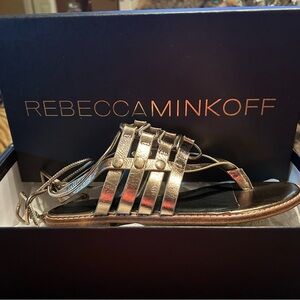 Rebecca Minkoff gold tie up leg sandals size 6.